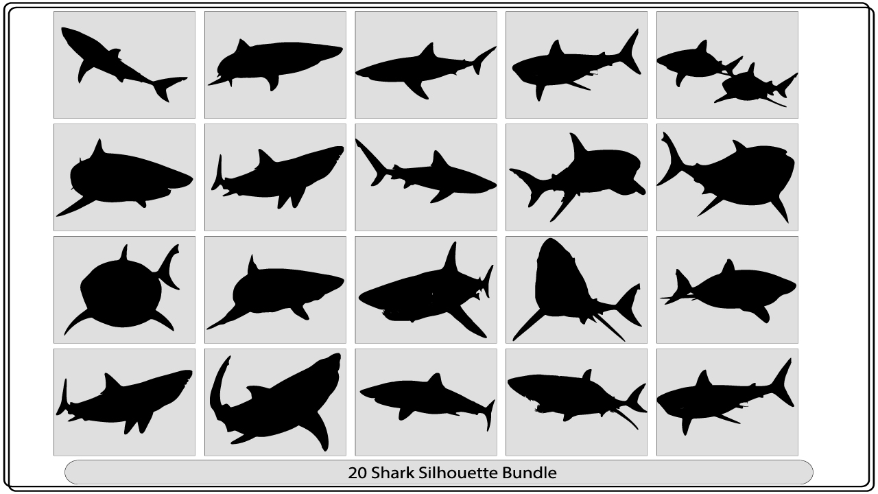 Set of 20 shark silhouettes.
