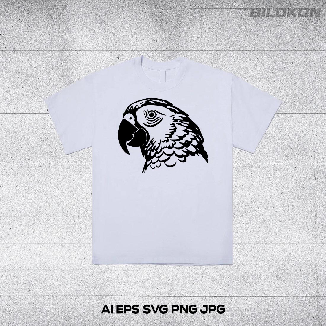 White t - shirt with a black parrot on it.