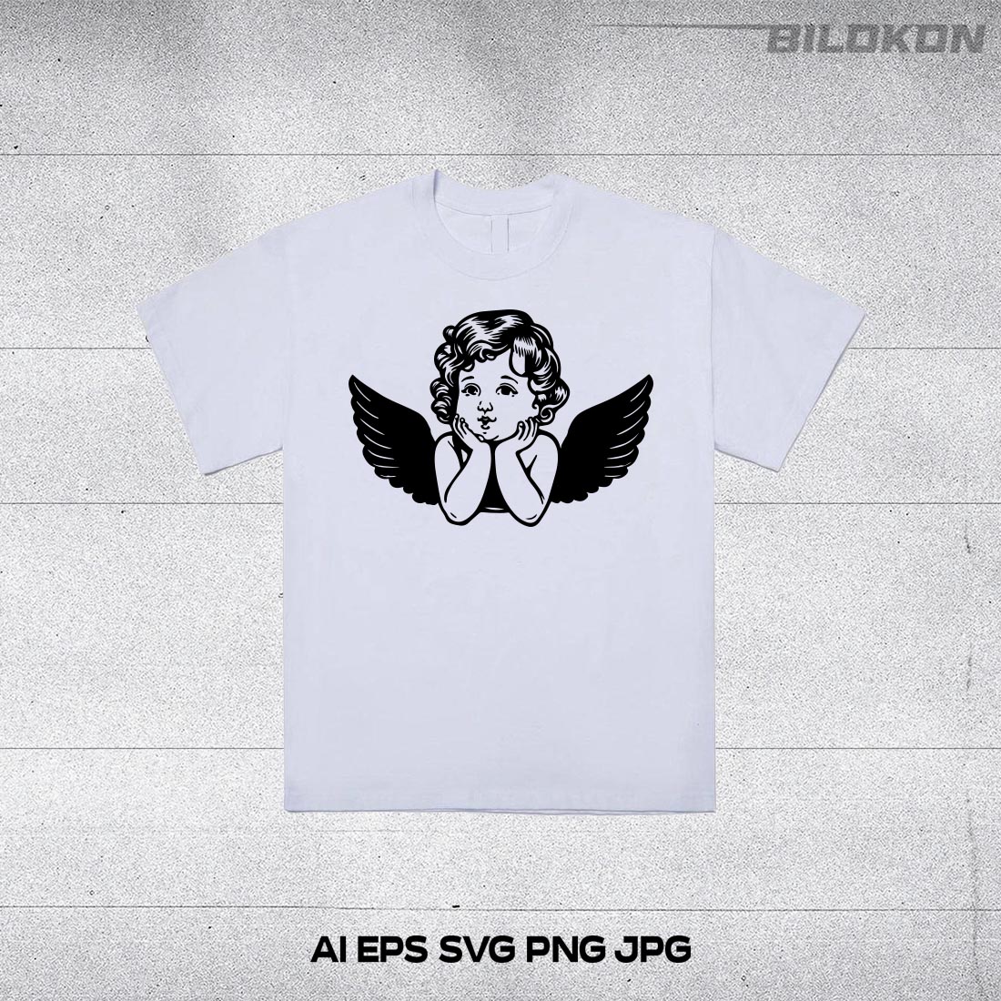 White t - shirt with an image of an angel on it.