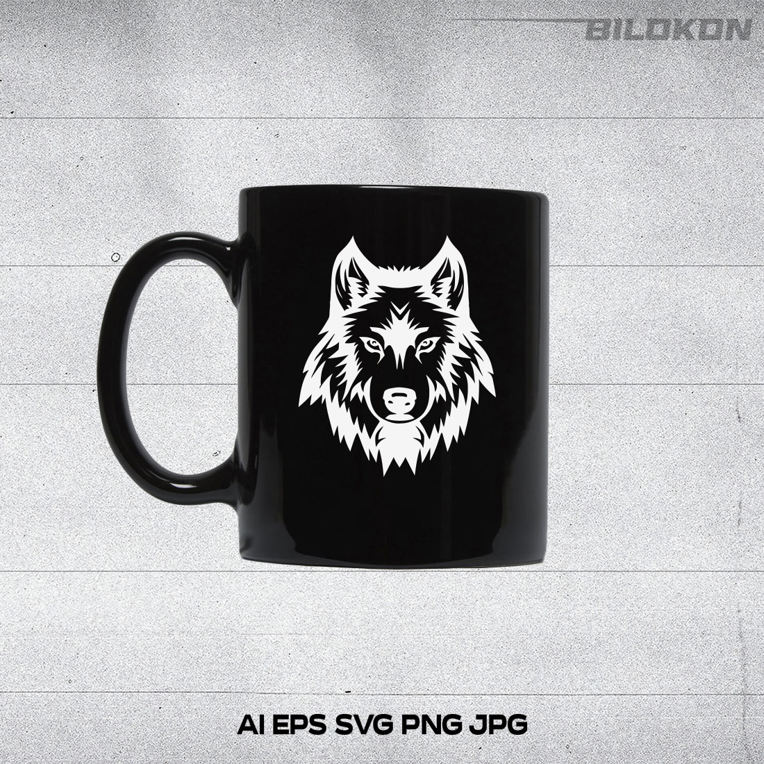 Black coffee mug with a white wolf on it.