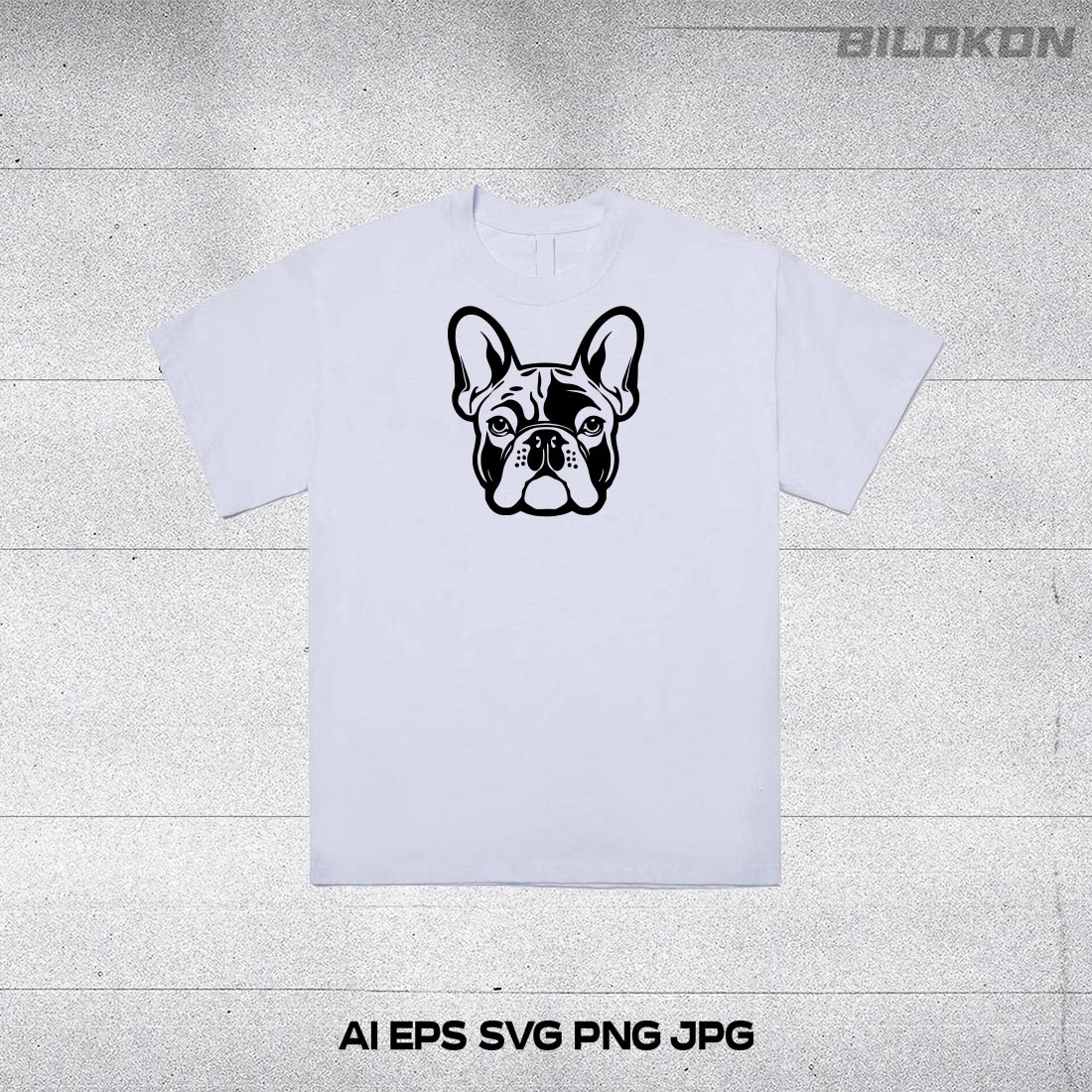 White t - shirt with a black bulldog on it.