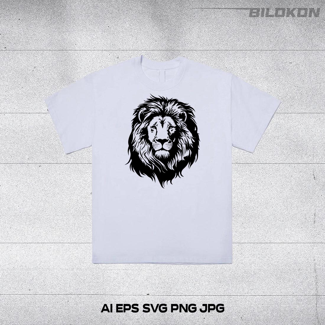 White t - shirt with a black lion head on it.