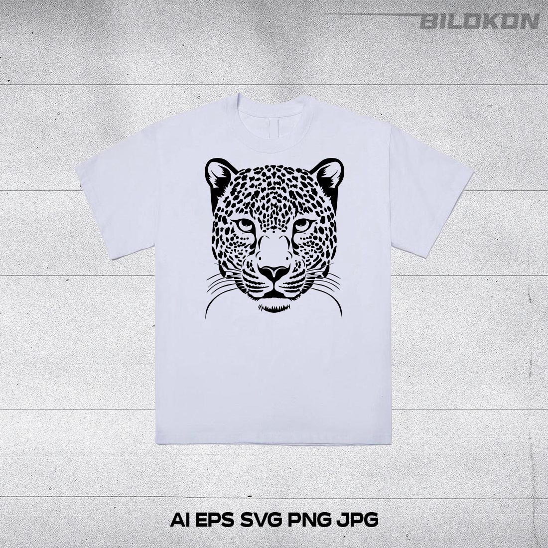 White t - shirt with a black and white image of a leopard.