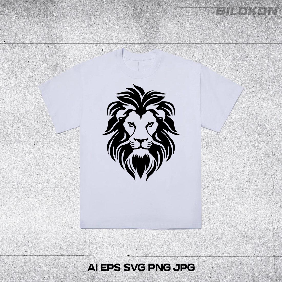 White t - shirt with a black lion's head on it.