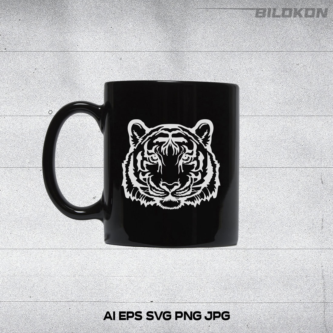 Black coffee mug with a white tiger on it.