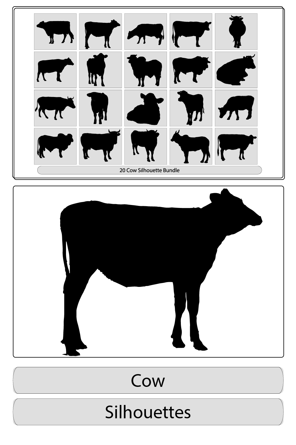 Cow Silhouette,Vector farm animals silhouettes,Silhouette of a cow Cattle Circuit Farm Bull pinterest preview image.