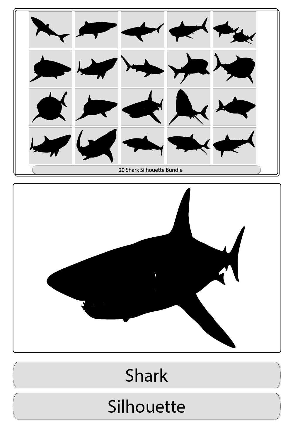 silhouette set of shark,Shark icon,Vector illustration of a black silhouette shark pinterest preview image.