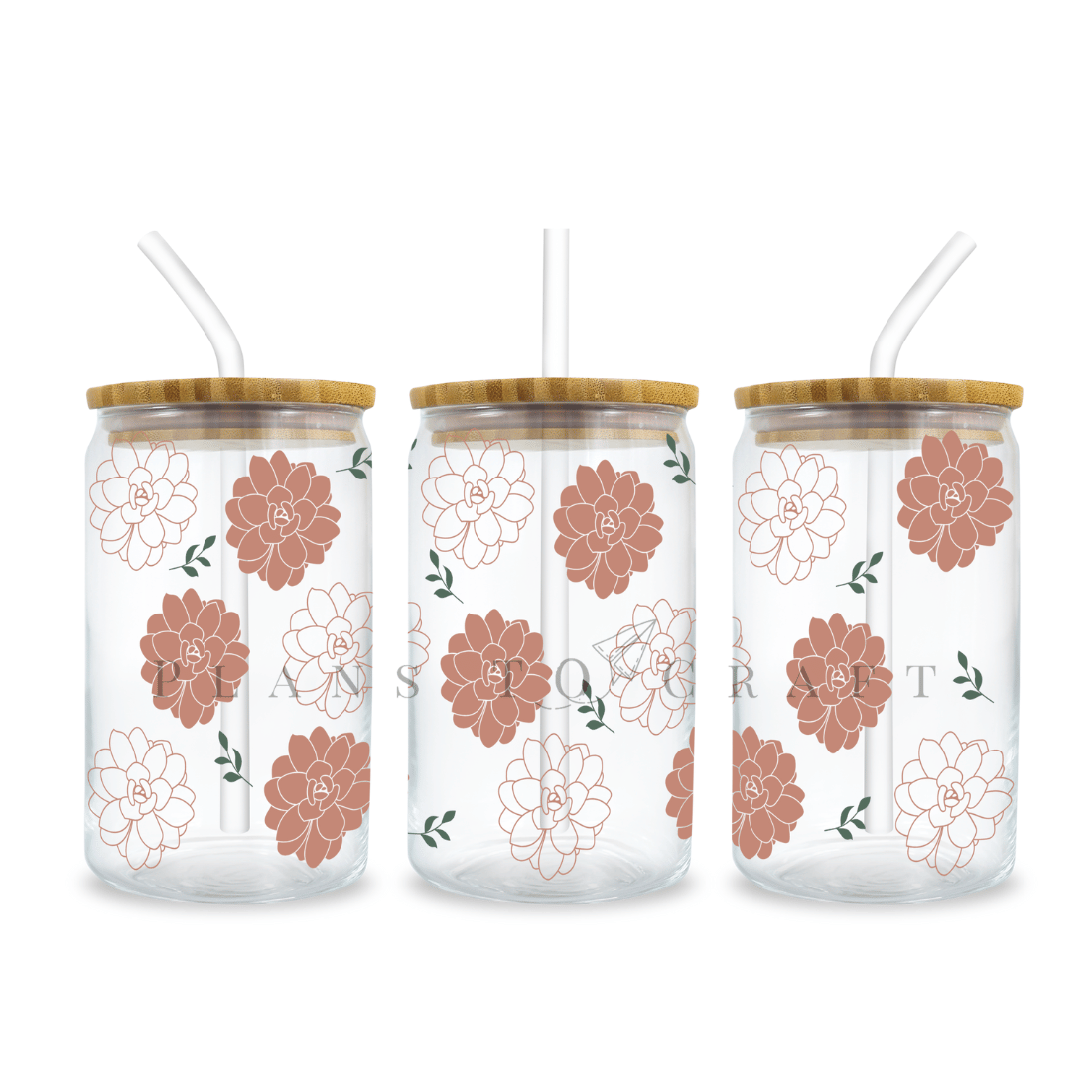Set of three floral glass tumblers with straws.