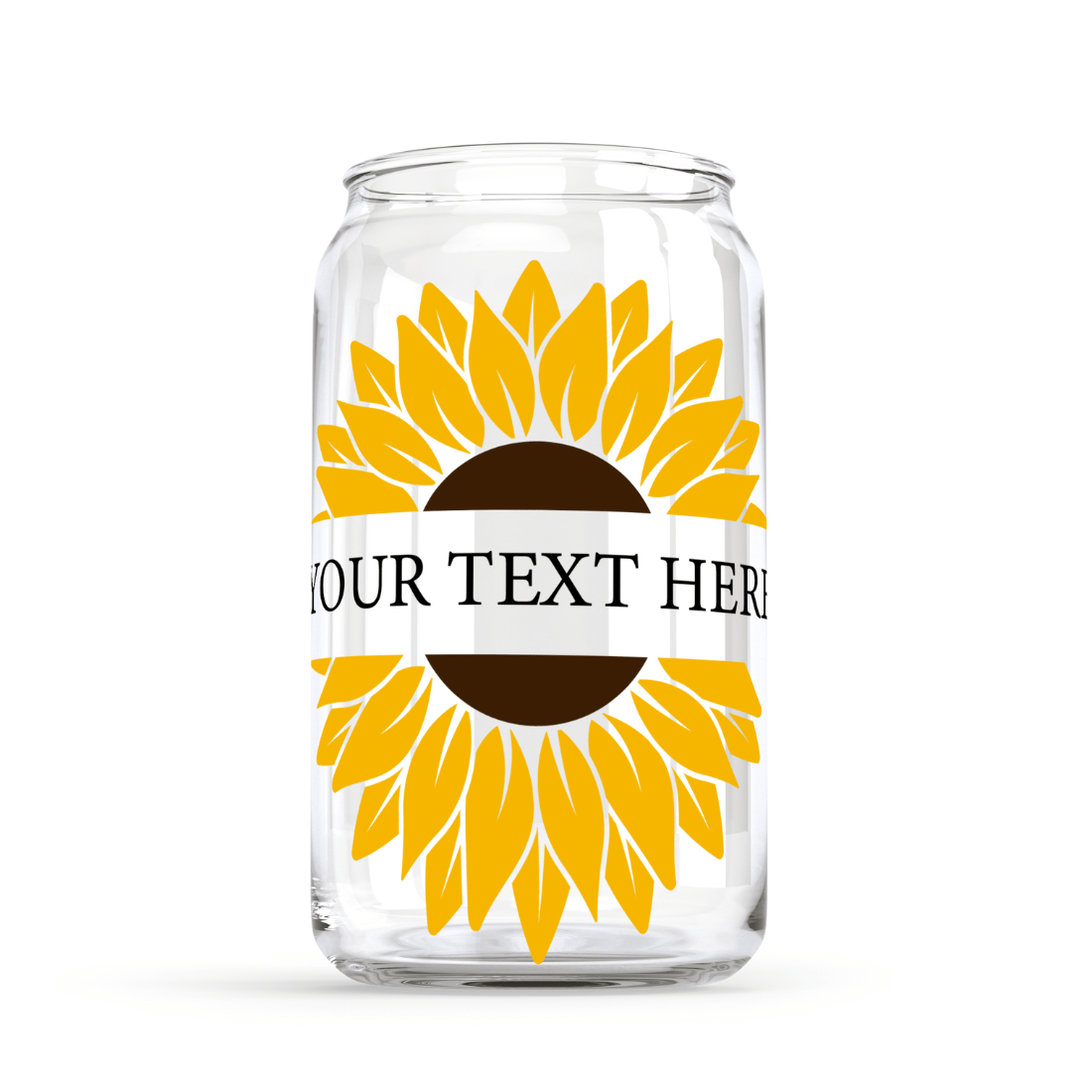 Clear jar with a sunflower on a white background.