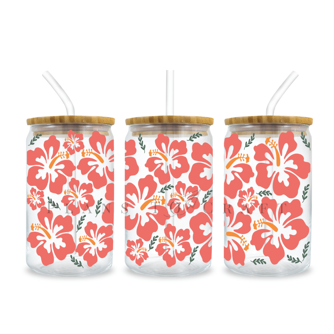 Set of three mason jars with floral designs.