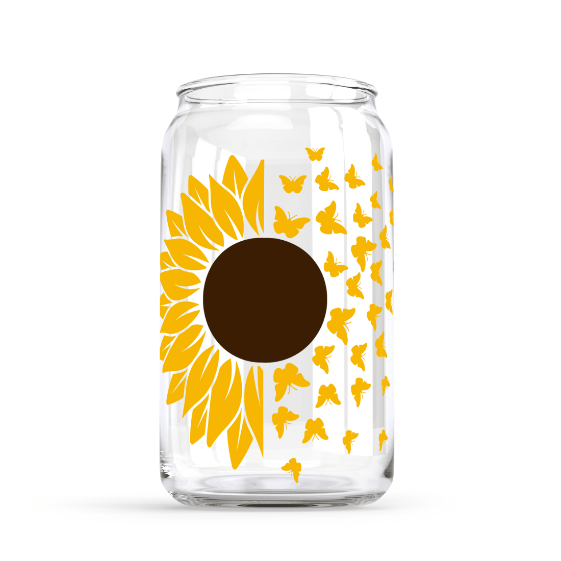 Glass jar with a sunflower and butterflies on it.