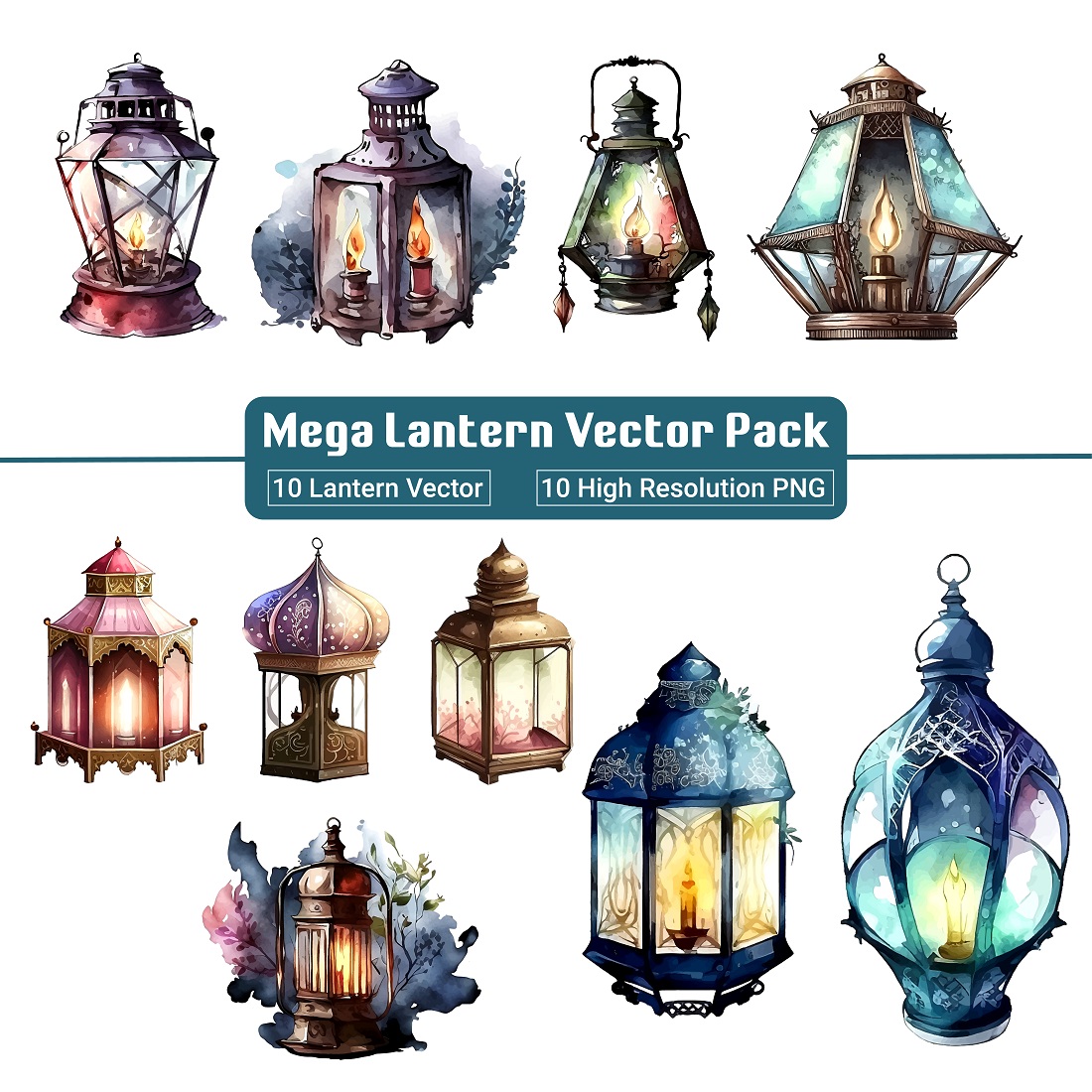 Islamic Watercolor lantern collection for Ramadan and Eid Celebration Design cover image.