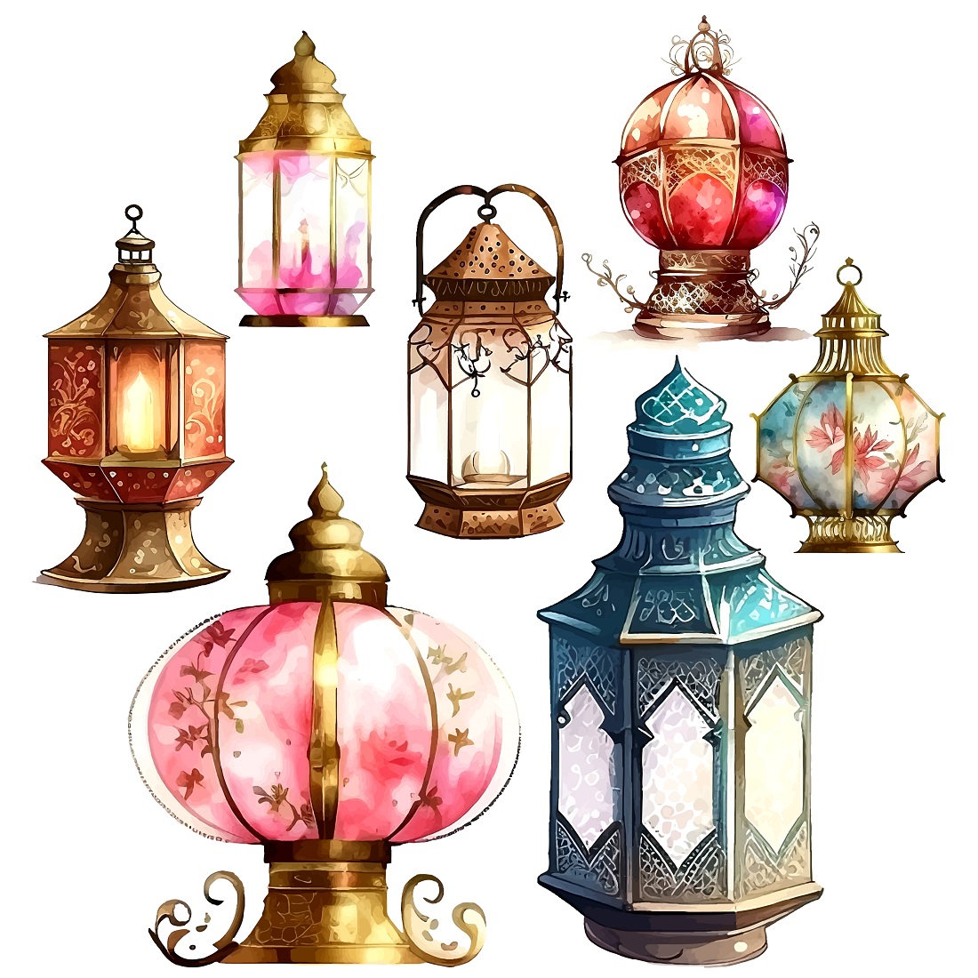 Watercolor lantern vector collection for Ramadan and Eid Celebration Design preview image.