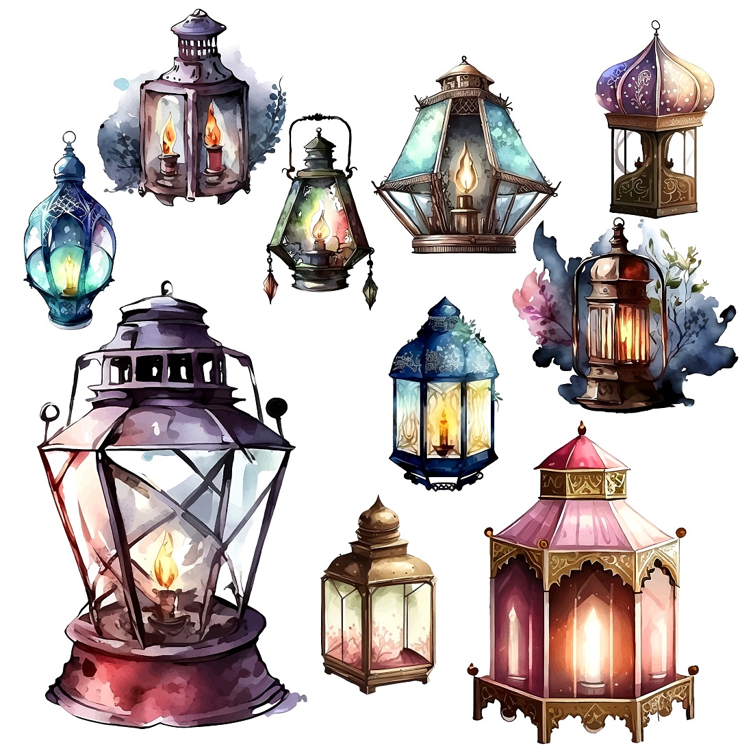 Islamic Watercolor lantern collection for Ramadan and Eid Celebration Design preview image.