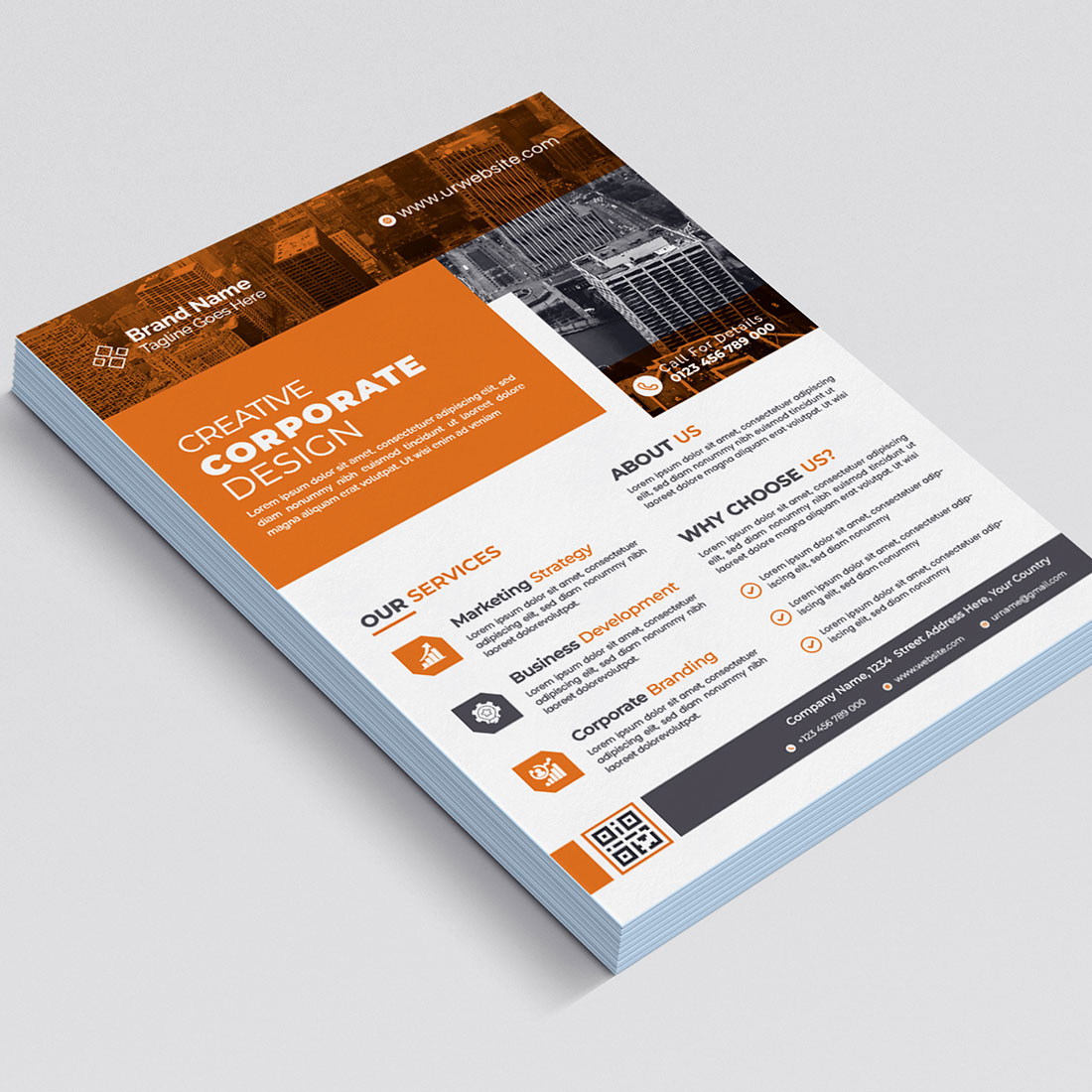 Brochure with a orange and black design.