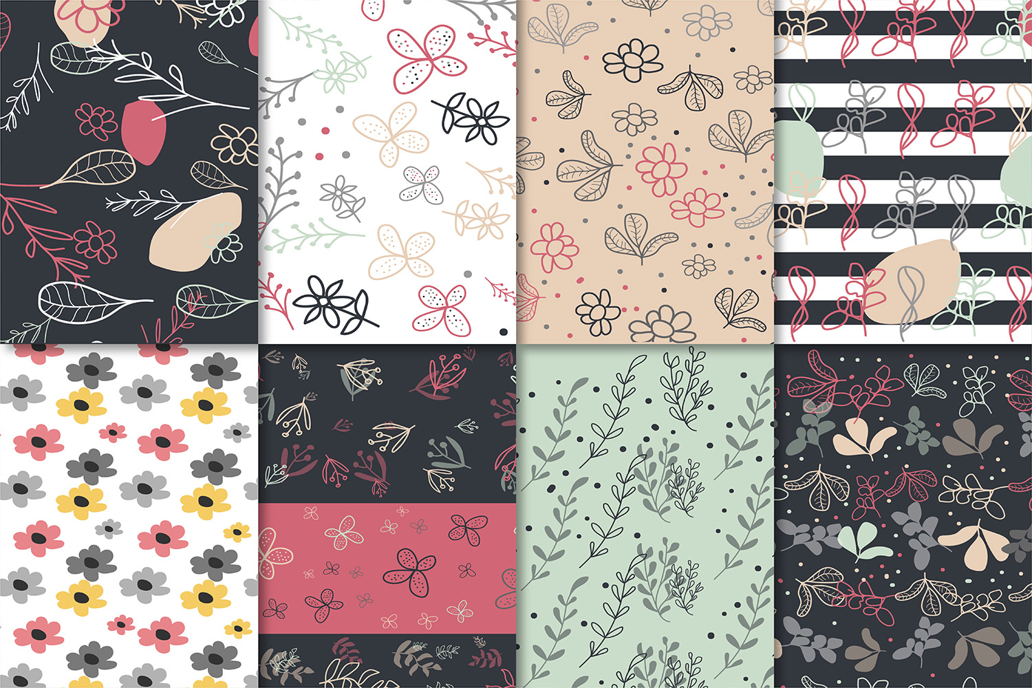 Set of four different patterns of flowers.