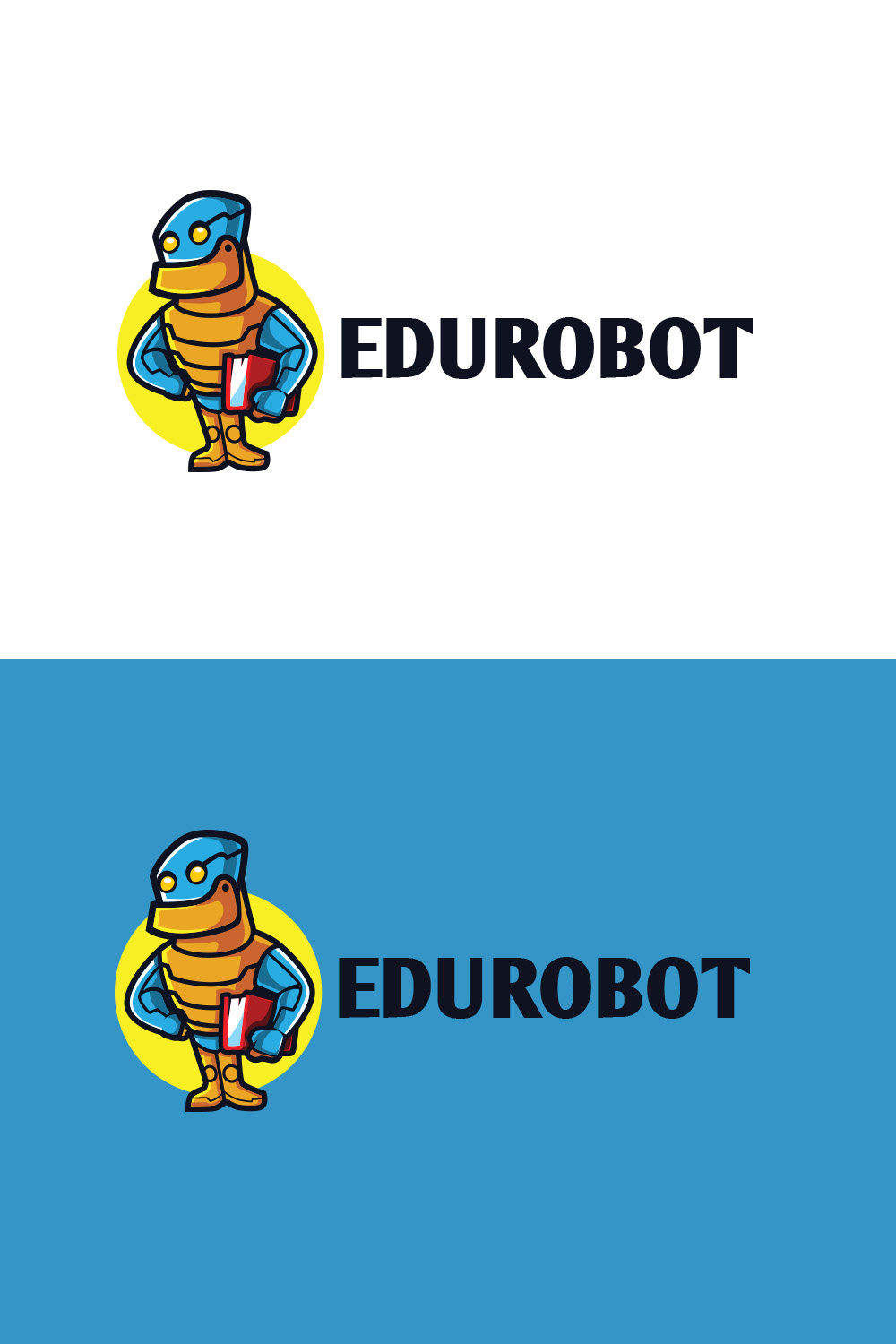 Robot Hanging Book Character Logo Design pinterest preview image.