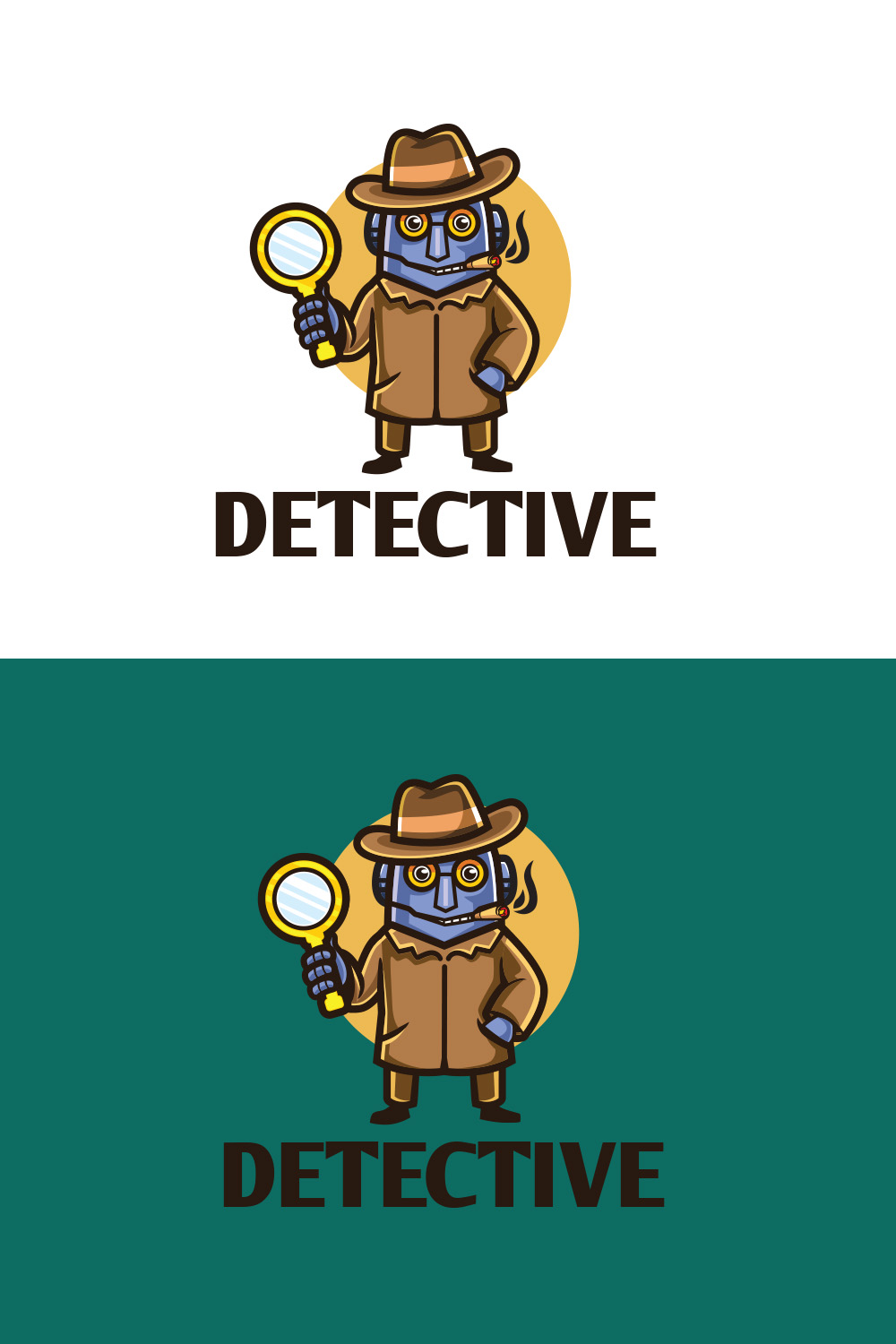 Detective Robot Character Logo Design pinterest preview image.