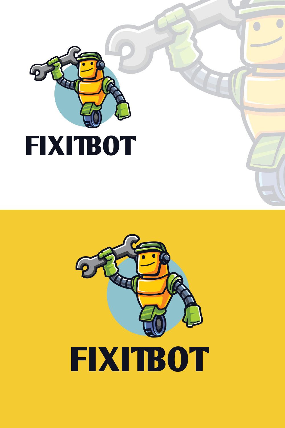 Fixing Robot Character Logo Design pinterest preview image.