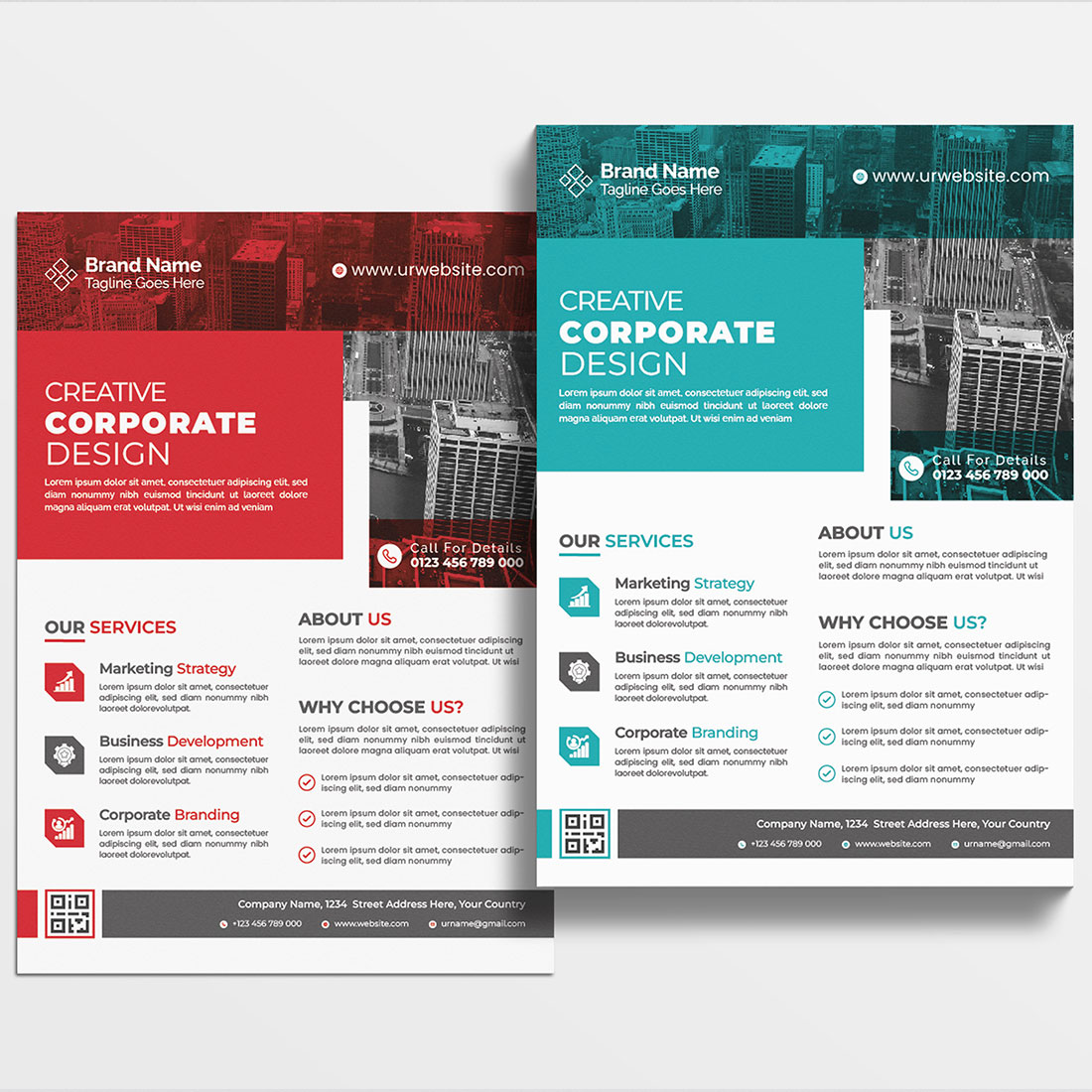 Set of two brochures with a red and blue design.