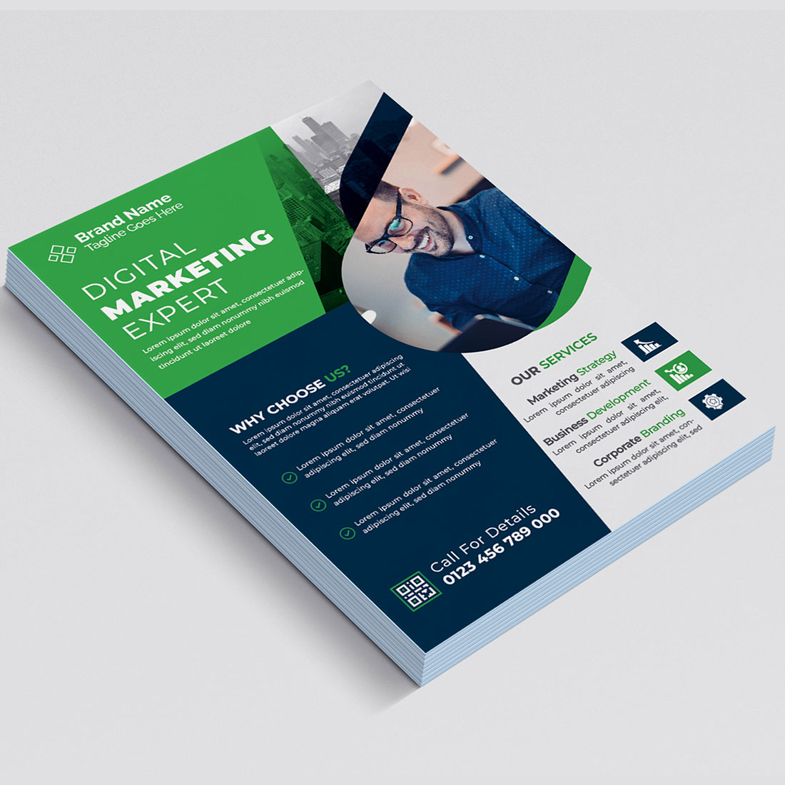 Brochure with a green and blue design.