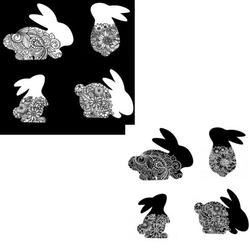 Decorative Bunny Silhouette Set of 6 Floral Desing Black and White Lined PNG SVG DXF AI and EPS cover image.