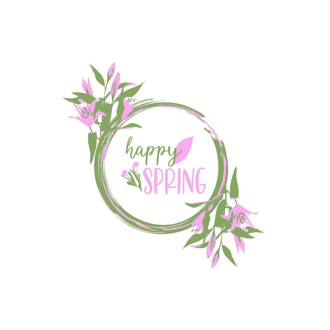 Happy spring card with pink flowers and green leaves.