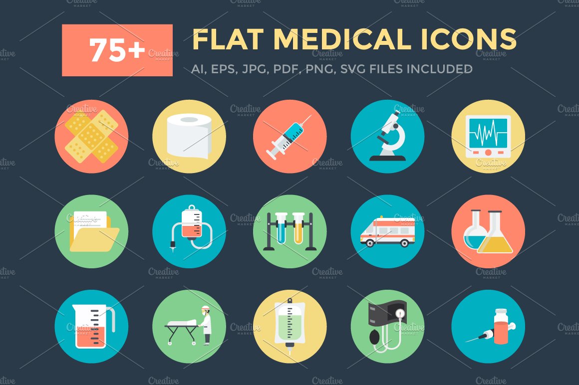 75+ Flat Medical Vector Icons cover image.
