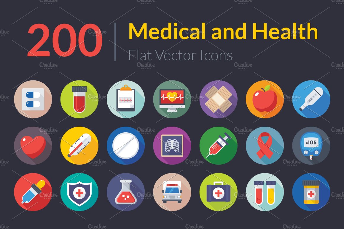 200 Flat Medical and Health Icons cover image.