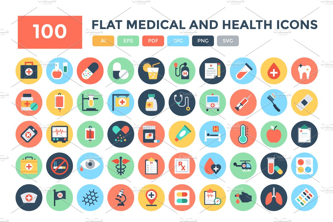 100 Flat Medical and Health Icons cover image.