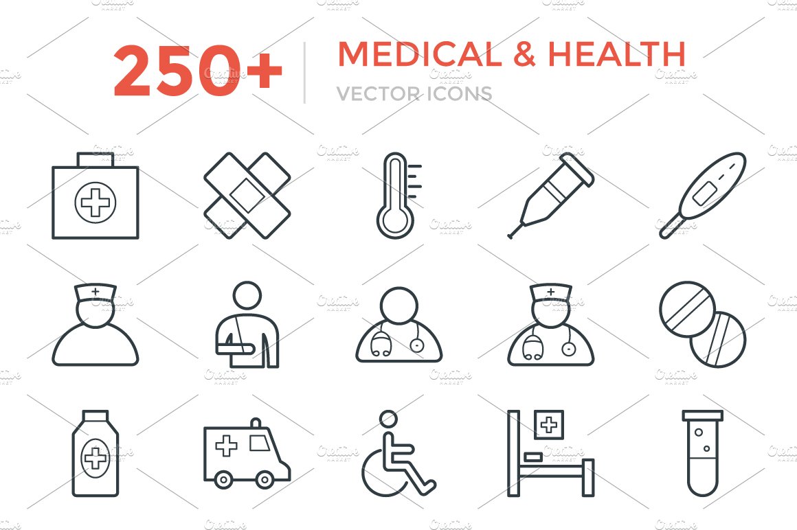 250+ Medical and Health Vector Icons cover image.