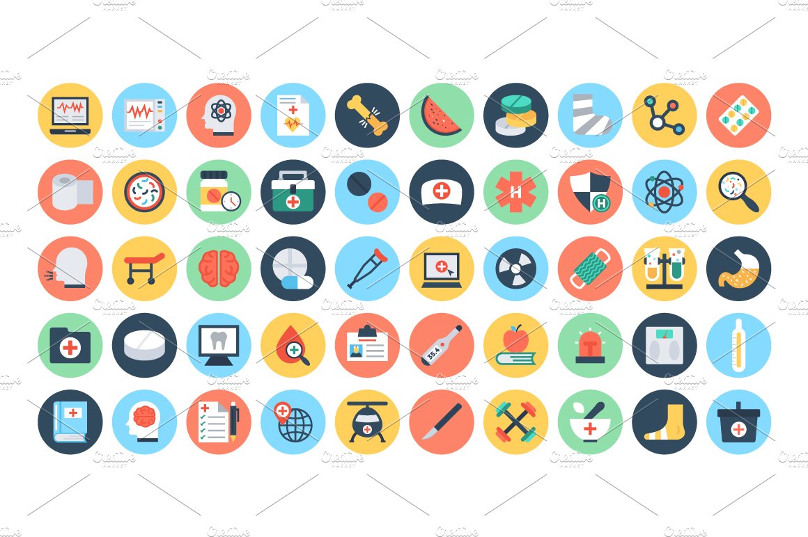 100 Flat Medical and Health Icons preview image.