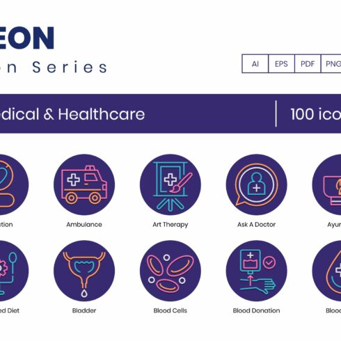 100 Medical & Healthcare Icons cover image.
