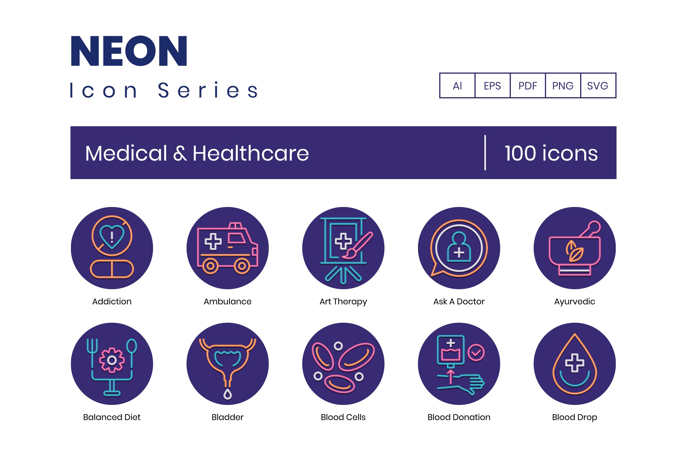 100 Medical & Healthcare Icons cover image.