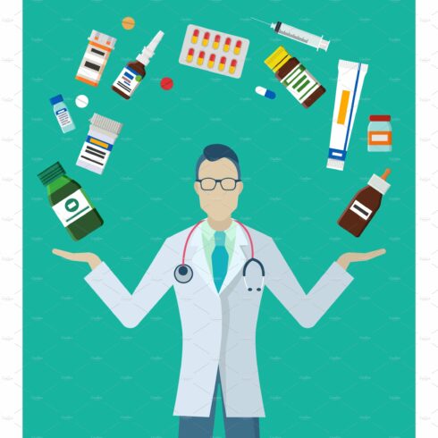 Pills and Bottles Around Pharmacist cover image.