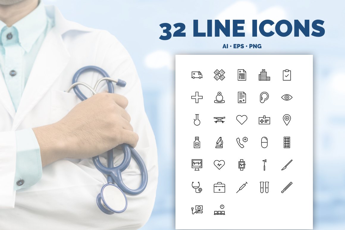 32 Medical Icons in 3 styles preview image.