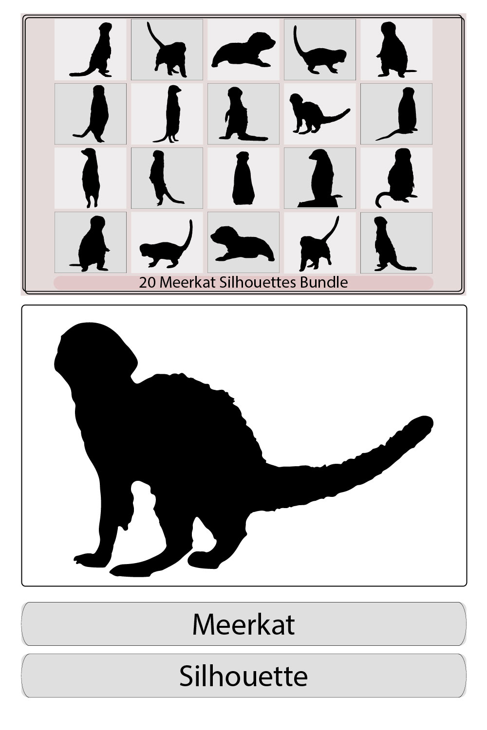 Vector illustration of a black silhouette meerka,meerkat silhouettes Suricata suricatta,Vector illustration of black silhouette meerkat pinterest preview image.