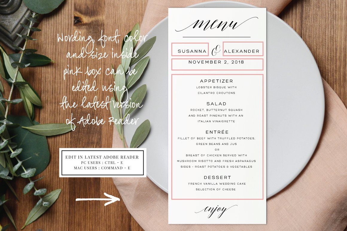 Wedding Menu - Editable PDF preview image.