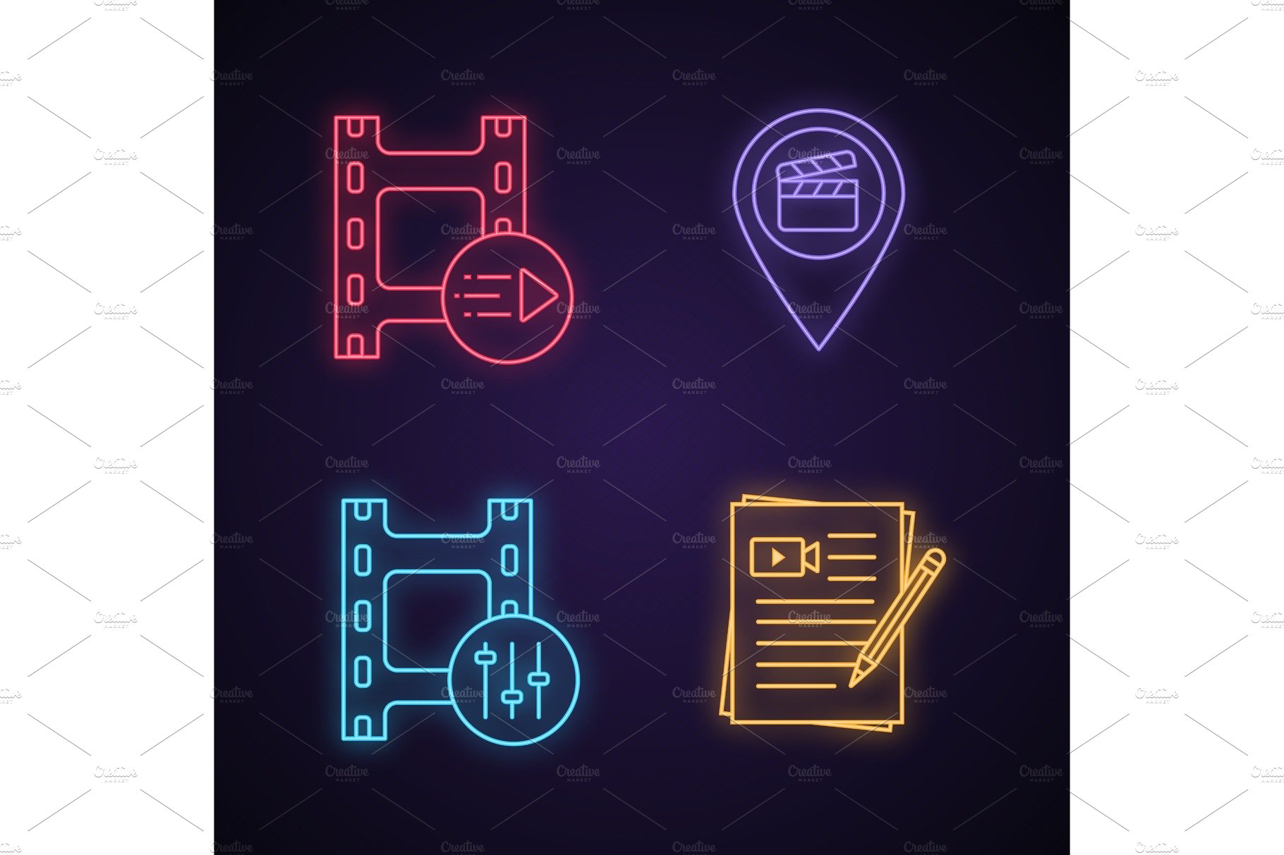 Film industry neon light icons set cover image.