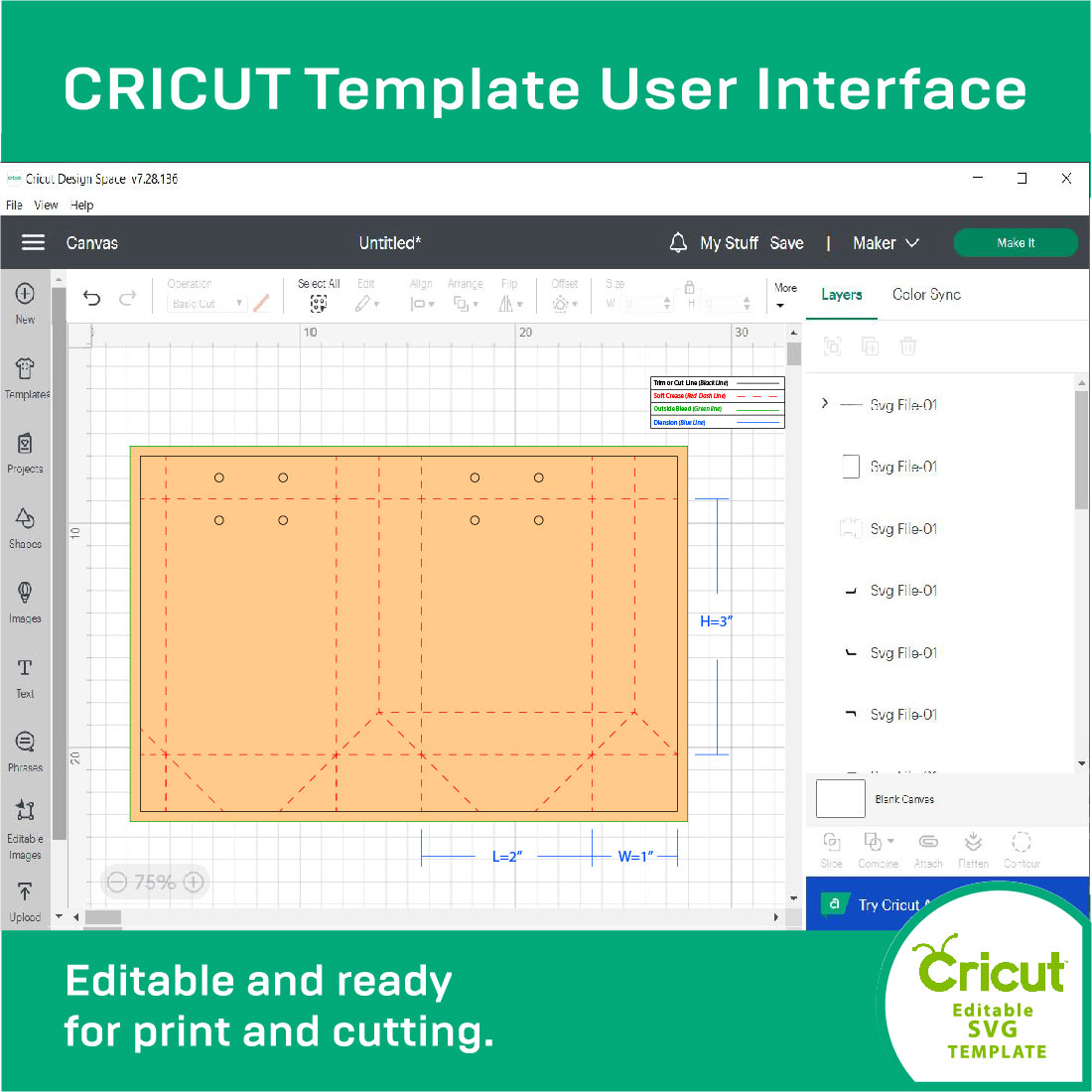 Screenshot of a screen with the text cricut template user interface.