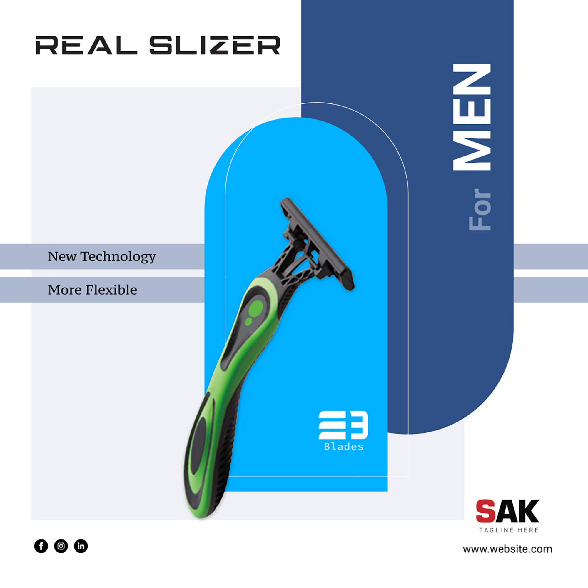 Brochure of a razor blade with the words real sizer for men.