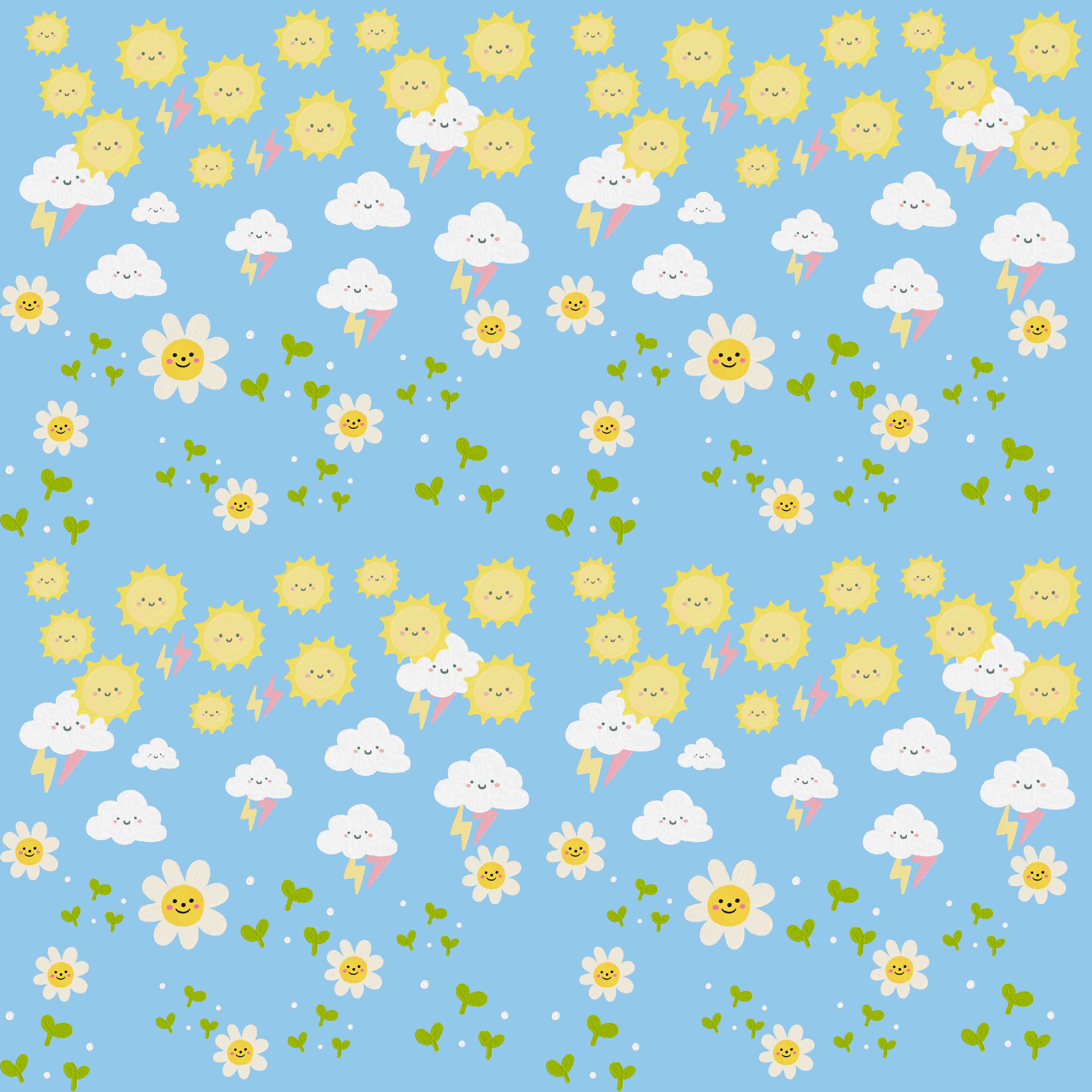 Pattern of clouds and sunflowers on a blue background.