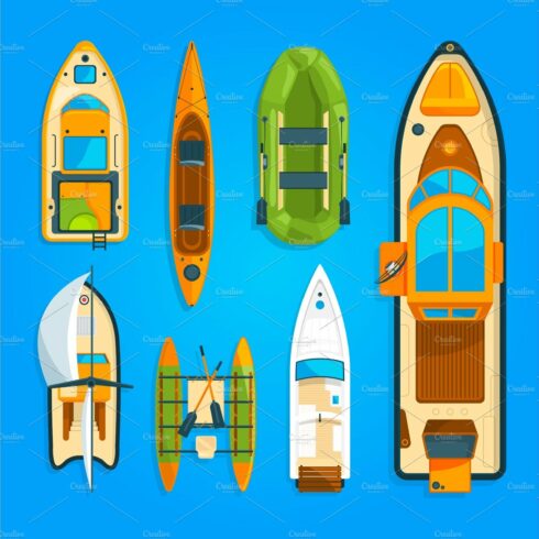 Speed motor boat, sea ship, yacht and other marine transport. Vector pictur... cover image.