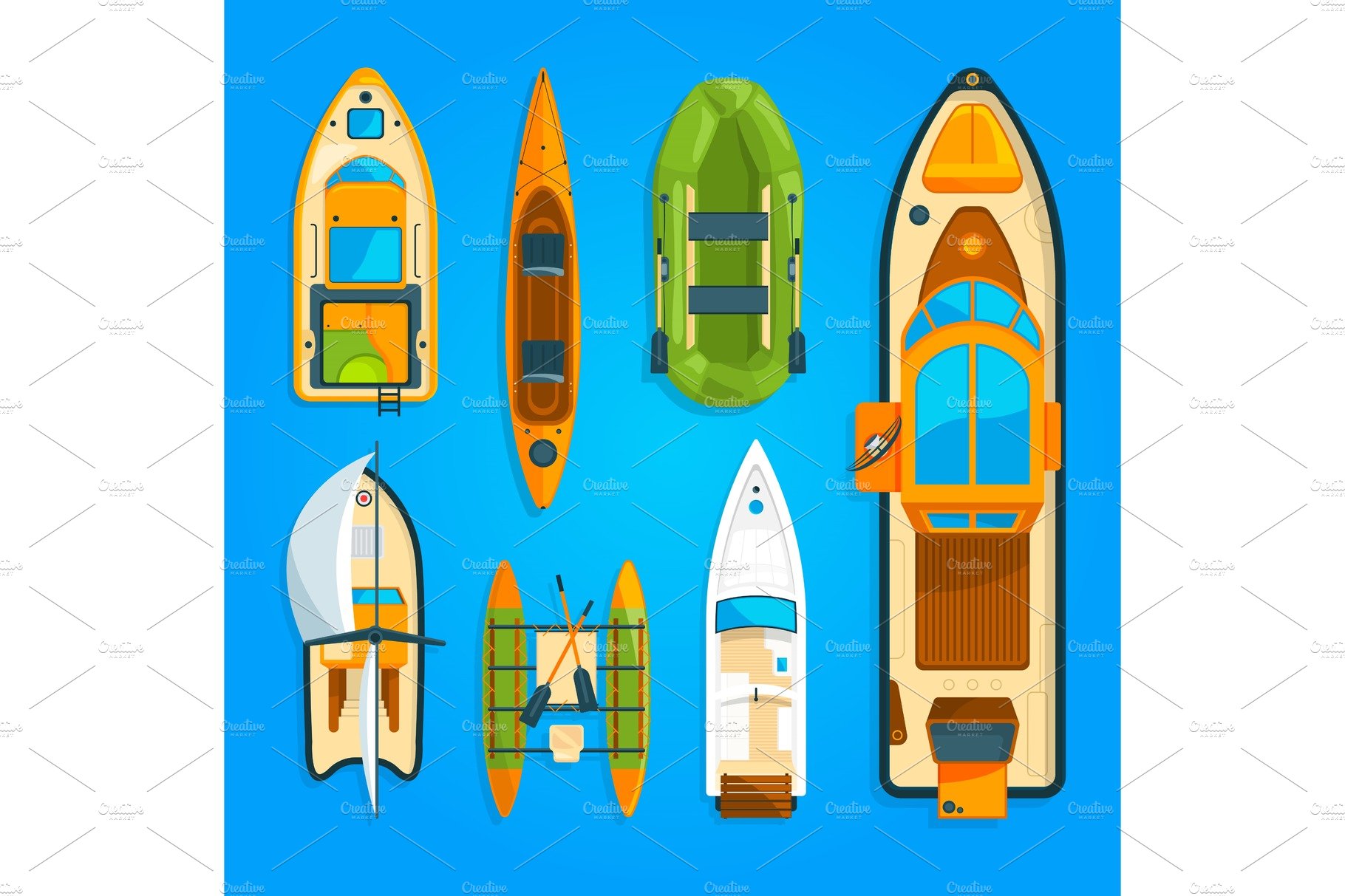 Speed motor boat, sea ship, yacht and other marine transport. Vector pictur... cover image.