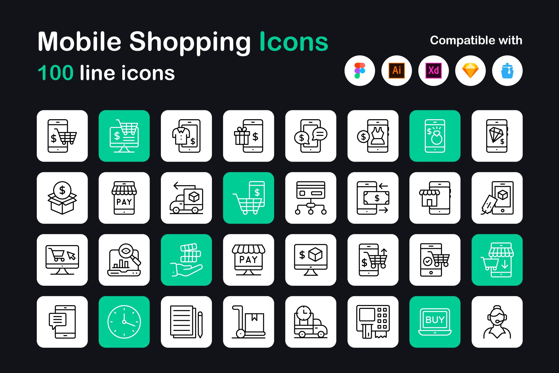Mobile Shopping Linear Icons Pack cover image.