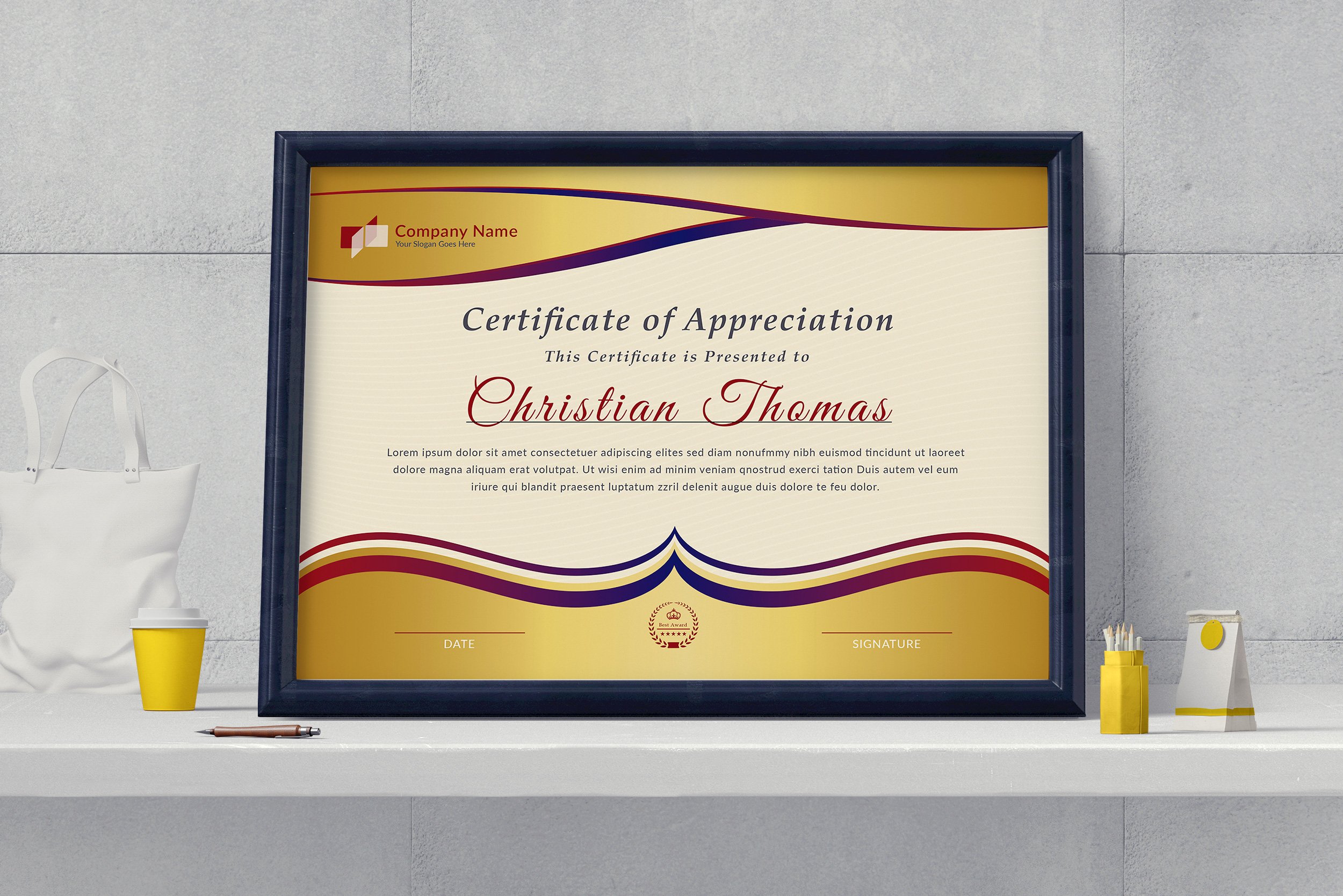 Golden Certificate Template preview image.