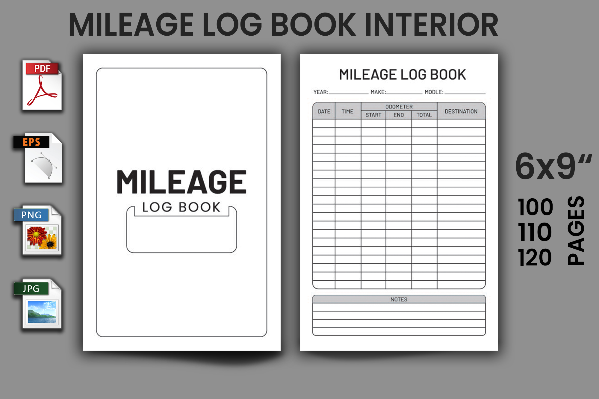 Mileage log book with a picture of the mileage log.