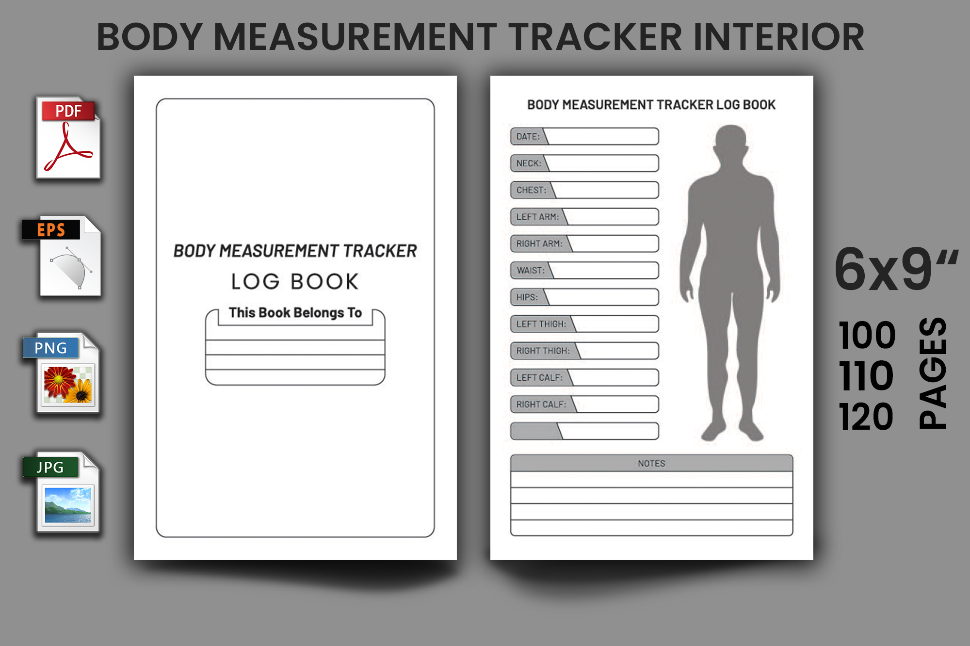 Body measurement tracker book with a picture of a man.