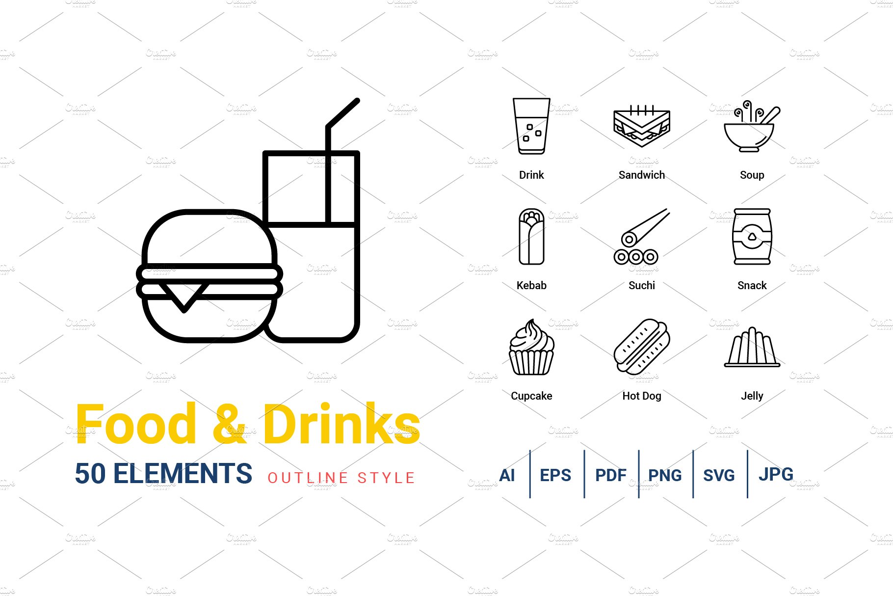 Food and Drinks Outline icons cover image.
