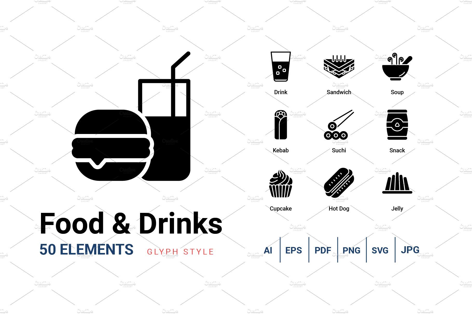 Food and Drinks Glyph icons cover image.